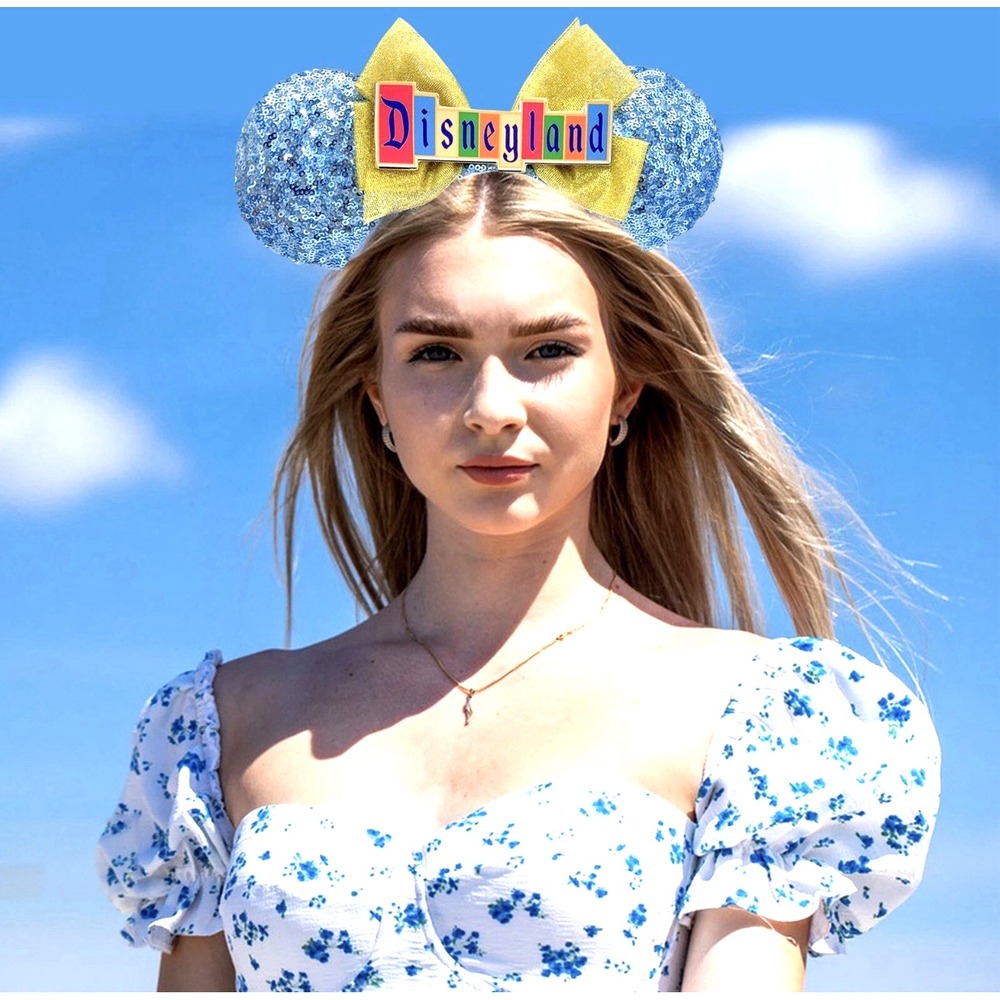 NEW! Disney Parks Sequin Disneyland Marquee Sign Minnie Ears Bow Headband Blue